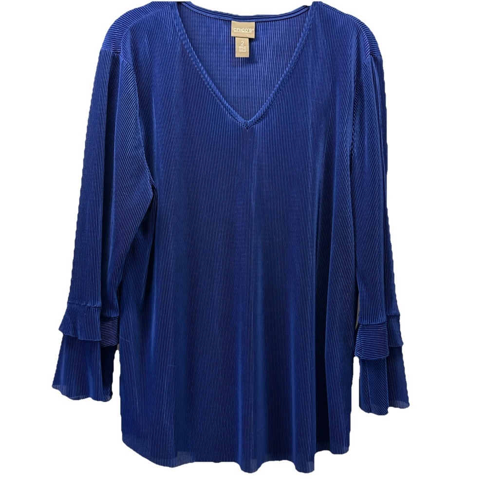 Chicos Women's Blouse Sz Large Royal Blue Ruffled Layered Sleeve Accordion Pleat